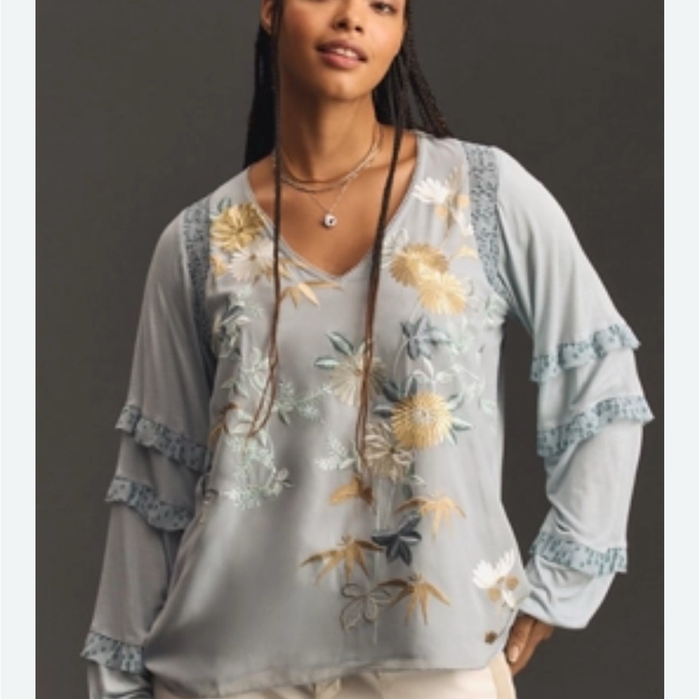 Anthropologie Blue and White Blouse with Elegant Design